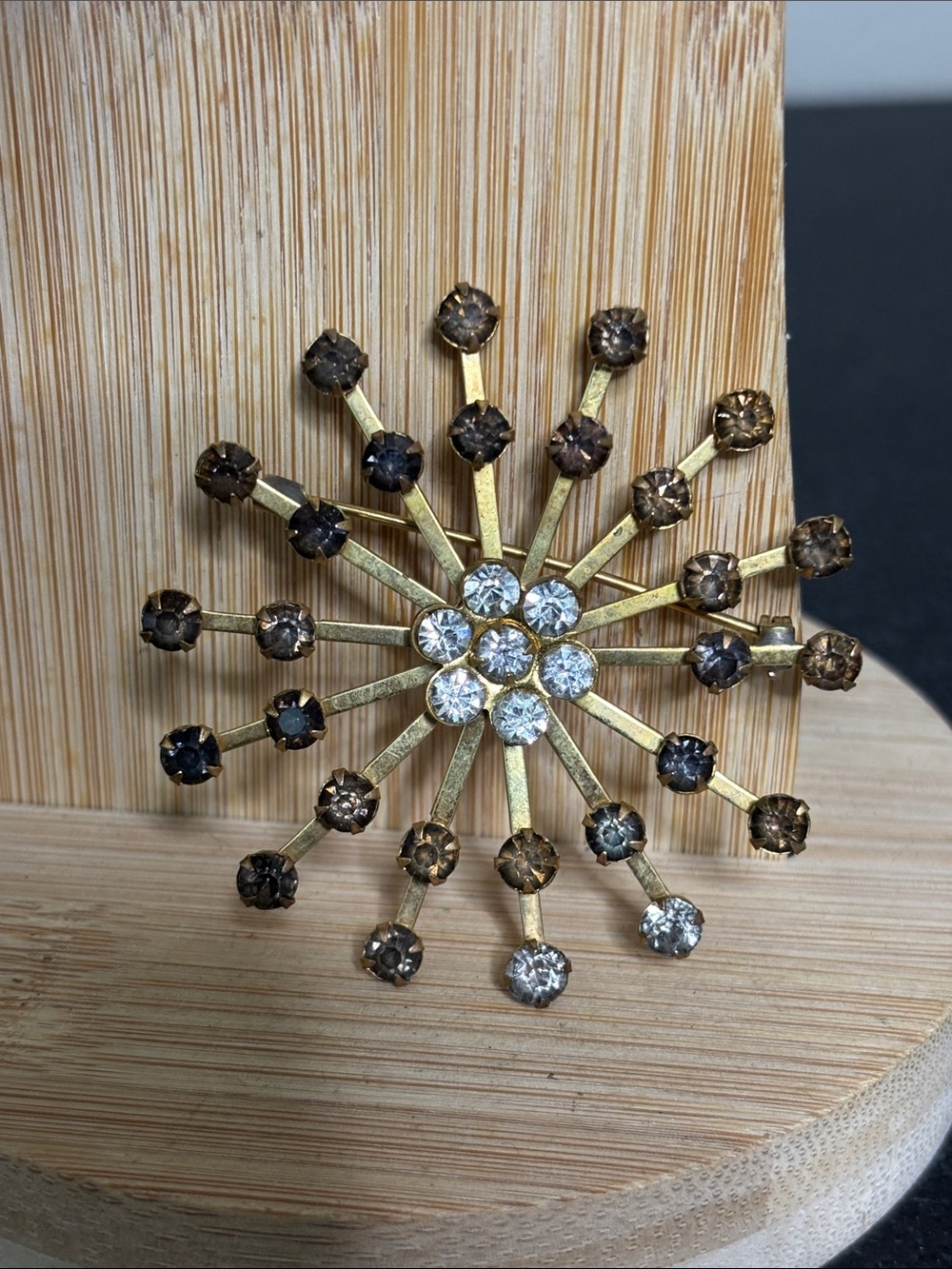 Vintage Gold-Tone Crystal Starburst Brooch - Brown and Clear Stones